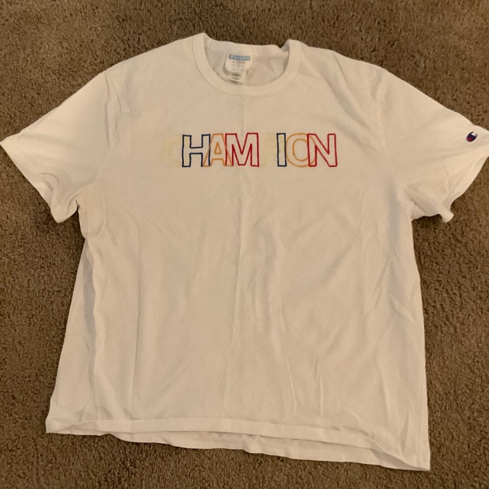 Champion White Tee with Multicolor Logo